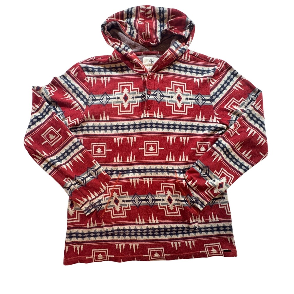 On The Byas Southwestern Aztec Hoodie Mens Medium Red Henley Pullover Sweatshirt